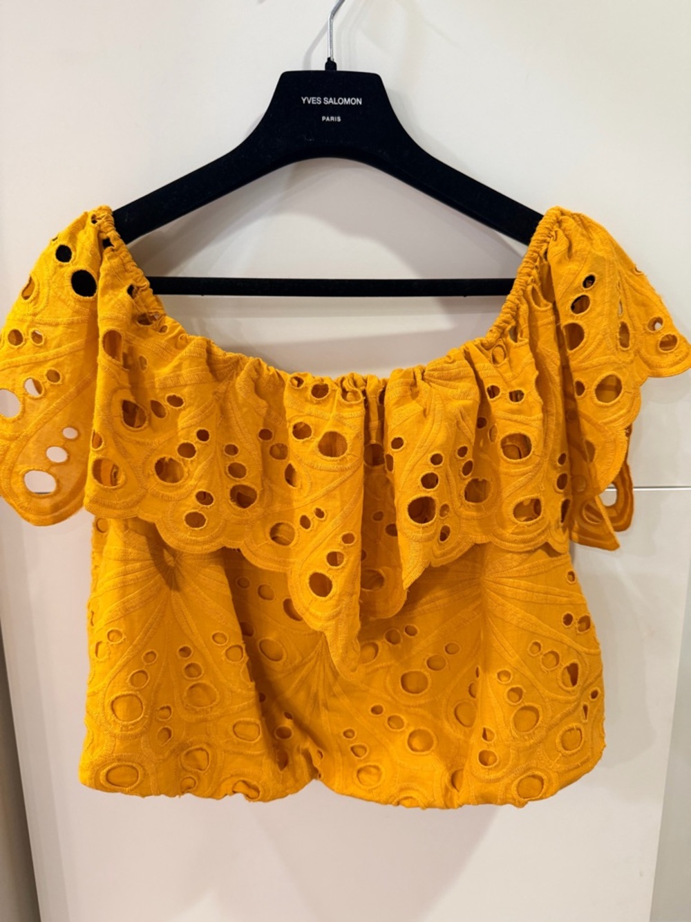 Trina Turk Terrace Yellow Eyelet Off Shoulder Ruffle Crop Top Size L